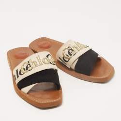 Chloe Beige/Black Canvas Embroidered Logo Woody Flat Slides Size 39