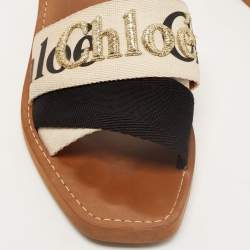 Chloe Beige/Black Canvas Embroidered Logo Woody Flat Slides Size 39