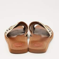 Chloe Beige/Black Canvas Embroidered Logo Woody Flat Slides Size 39