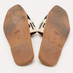 Chloe Beige/Black Canvas Embroidered Logo Woody Flat Slides Size 39