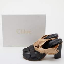 Chloe Black/Beige Leather Fod Flower Block Heel Sandals Size 40