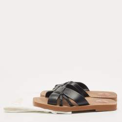 Pre Owned Chloe Black Leather Cross Strap Woody Flat Slides Size 36