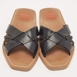 Pre Owned Chloe Black Leather Cross Strap Woody Flat Slides Size 36