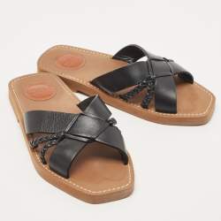 Pre Owned Chloe Black Leather Cross Strap Woody Flat Slides Size 36