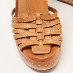 Chloe Brown Leather Buckle Detail Platform Wedge Ankle Strap Sandals Size 38