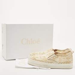 Chloe Beige/White Lace and Leather Lauren  Slip On Sneakers Size 41