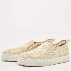 Chloe Beige/White Lace and Leather Lauren  Slip On Sneakers Size 41