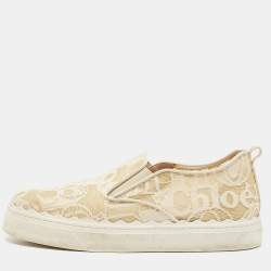 Chloe Beige/White Lace and Leather Lauren  Slip On Sneakers Size 41
