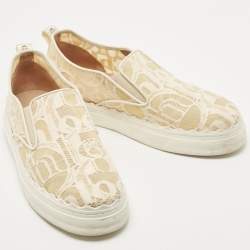Chloe Beige/White Lace and Leather Lauren  Slip On Sneakers Size 41