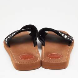 Pre Owned Chloe Black Canvas Embroidered Logo Woody Flat Slides Size 39