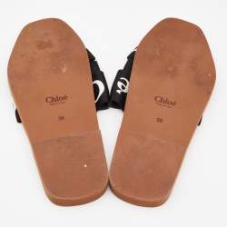 Pre Owned Chloe Black Canvas Embroidered Logo Woody Flat Slides Size 39
