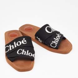 Pre Owned Chloe Black Canvas Embroidered Logo Woody Flat Slides Size 39