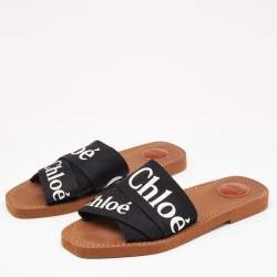 Pre Owned Chloe Black Canvas Embroidered Logo Woody Flat Slides Size 39