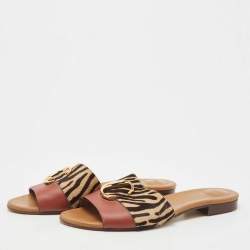 Pre Owned Chloe Tricolor Leather and Animal Print Calf Hair Flat Slides Size 42