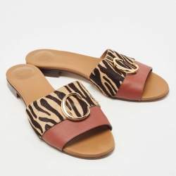 Pre Owned Chloe Tricolor Leather and Animal Print Calf Hair Flat Slides Size 42