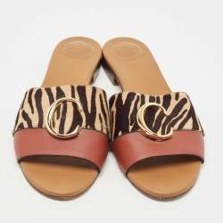 Pre Owned Chloe Tricolor Leather and Animal Print Calf Hair Flat Slides Size 42