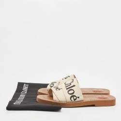 Pre Owned Chloé Off White Logo Canvas Woody Flat Slides Size 36