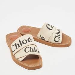 Pre Owned Chloé Off White Logo Canvas Woody Flat Slides Size 36