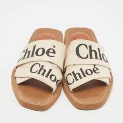 Pre Owned Chloé Off White Logo Canvas Woody Flat Slides Size 36