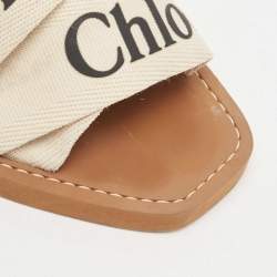 Pre Owned Chloé Off White Logo Canvas Woody Flat Slides Size 36