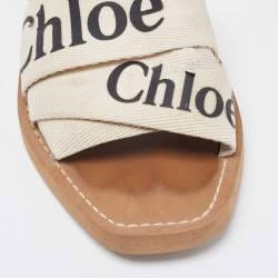 Chloe White Logo Canvas Woody Flat Slides Size 39