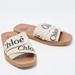 Chloe White Logo Canvas Woody Flat Slides Size 39