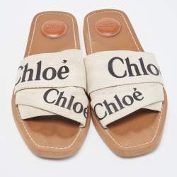 Chloe White Logo Canvas Woody Flat Slides Size 39
