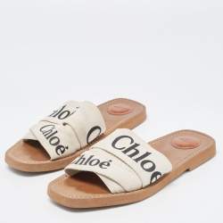 Chloe White Logo Canvas Woody Flat Slides Size 39