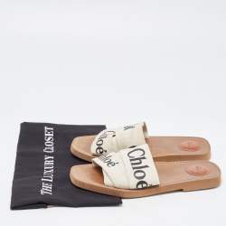 Chloe White Logo Canvas Woody Flat Slides Size 39