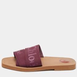 Chloe Burgundy Canvas Logo Woody Flat Slides Size 40