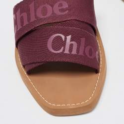 Chloe Burgundy Canvas Logo Woody Flat Slides Size 40