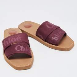 Chloe Burgundy Canvas Logo Woody Flat Slides Size 40