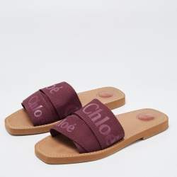 Chloe Burgundy Canvas Logo Woody Flat Slides Size 40