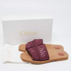 Chloe Burgundy Canvas Logo Woody Flat Slides Size 40