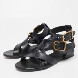 Chloe Black Croc Embossed and Leather Ankle Strap Flats Size 39