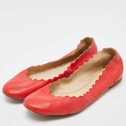 Pre Owned Chloé Red Leather Lauren Scalloped Ballet Flats Size 38