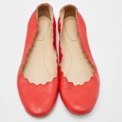 Pre Owned Chloé Red Leather Lauren Scalloped Ballet Flats Size 38