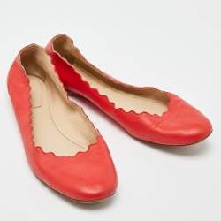 Pre Owned Chloé Red Leather Lauren Scalloped Ballet Flats Size 38