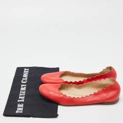 Pre Owned Chloé Red Leather Lauren Scalloped Ballet Flats Size 38