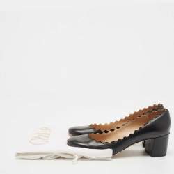 Pre Owned Chloe Navy Black Leather Laurena Scalloped Block Heel Pumps Size 37.5