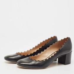 Pre Owned Chloe Navy Black Leather Laurena Scalloped Block Heel Pumps Size 37.5
