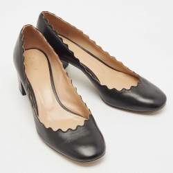 Pre Owned Chloe Navy Black Leather Laurena Scalloped Block Heel Pumps Size 37.5