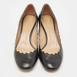 Pre Owned Chloe Navy Black Leather Laurena Scalloped Block Heel Pumps Size 37.5