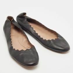 Pre Owned Chloe Black Leather Scalloped Ballet Flats Size 38.5