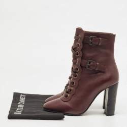 Pre Owned Chloe Burgundy Leather Buckle Detail Lace Up Ankle Booties Size 36
