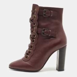 Pre Owned Chloe Burgundy Leather Buckle Detail Lace Up Ankle Booties Size 36