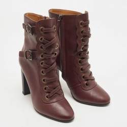 Pre Owned Chloe Burgundy Leather Buckle Detail Lace Up Ankle Booties Size 36