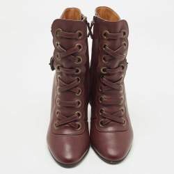 Pre Owned Chloe Burgundy Leather Buckle Detail Lace Up Ankle Booties Size 36