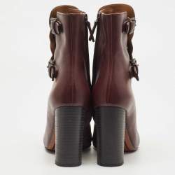 Pre Owned Chloe Burgundy Leather Buckle Detail Lace Up Ankle Booties Size 36