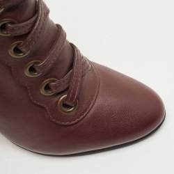 Pre Owned Chloe Burgundy Leather Buckle Detail Lace Up Ankle Booties Size 36